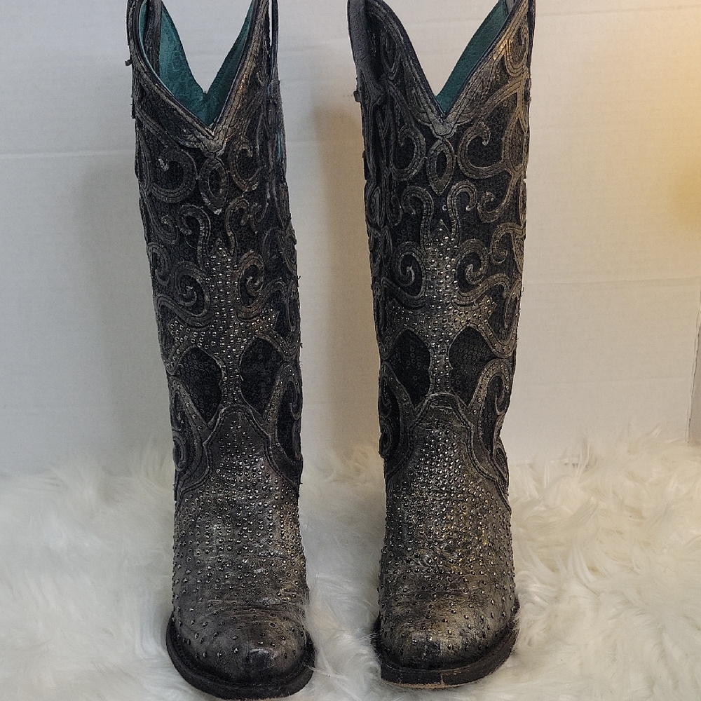 Corral Studded Scroll Embroidered Black‎ Metallic Silver Cowboy Boots Size 6